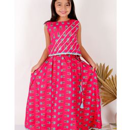 Superminis Rayon Sleeveless Floral Motif Sanganeri Printed & Lace Embellished Lehenga Choli Set -  Magenta Pink-image-6
