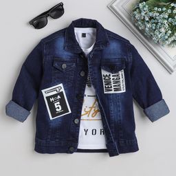 Ministitch Full Sleeves Patch Detailed Denim Jacket With Text Printed Tee - Navy Blue-image-59