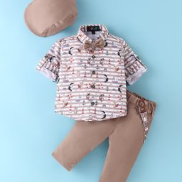 Robo Fry Cotton Knit Full Sleeves Anchor Print Shirt & Trouser Set with Hat Suspender & Bow - Beige-image-21