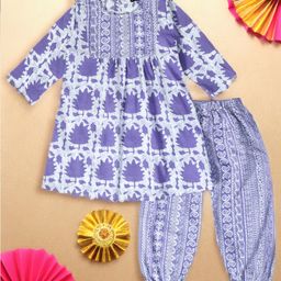 Bella Moda Three Fourth Sleeves Abstract Printed Kurta Pant Set - Purple-image-66