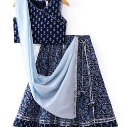 Babyhug Cambric Woven Sleeveless Choli Lehenga & Dupatta Set Floral Print with Tassle Detailing - Indigo-image-68