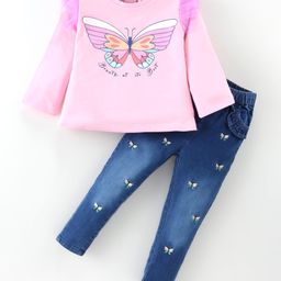 ToffyHouse 100% Cotton Knit Full Sleeves Mesh Detail Top & Denim Jeans Set With Butterfly Print & Embroidery - Pink-picture-14