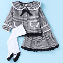 ToffyHouse 100% Cotton Woven Peter Pan CheckeredCollared Top & Skirt Set with Stockings Bow Applique - Grey-image-56