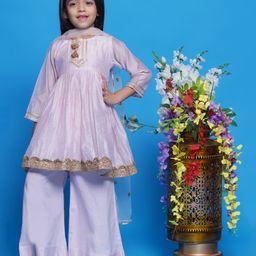 Little Bansi Chanderi Cotton Three Fourth Sleeves Lace & Sequin Embellished Kurta Palazzo With Dupatta Set - Baby Pink-image-21