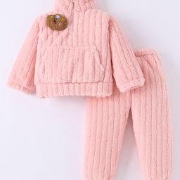 Kookie Kids Full Sleeves Fur Winter Wear T-Shirt & Lounge Pant Set With Applique - Pink-image-98