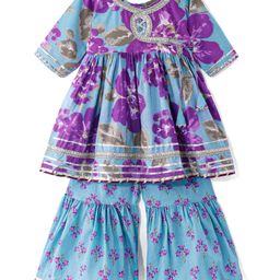 Ridokidz Full Sleeves Floral Printed Lace Embellished Kurta With Sharara Set - Purple & Blue-image-97