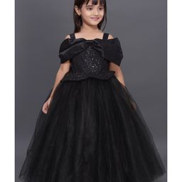 PinkChick Cold Shoulder Sleeves Sequins Embellished & Bow Applique Detailed Gown - Black-image-8