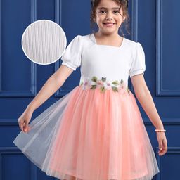 Mark & Mia Net Woven Half Puffed Sleeves Party Dress With Floral Corsage - Peach-picture-3