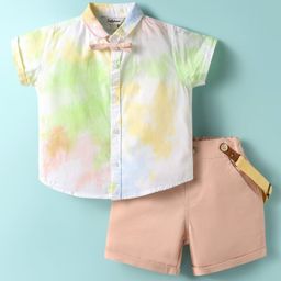 ToffyHouse 100% Woven Cotton Poplin Half Sleeves Ombre Dyed Shirt & Twill Woven Shorts Set With Bow & Suspender - Peach & White-image-4