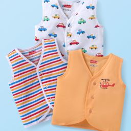 Babyhug 100% Cotton Woven Sleeveless Jhablas with Stripes & Car Print - White & Orange-picture-17