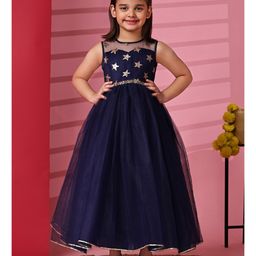 Toy Balloon Kids Net Sleeveless Beads Embellished & Stars Glitter Printed Dress - Navy Blue-image-77
