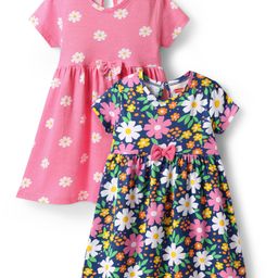 Babyhug Single Jersey Knit Half Sleeves Floral Printed Frocks with Bow Applique Pack of 2 - Navy Blue & Pink-image-81
