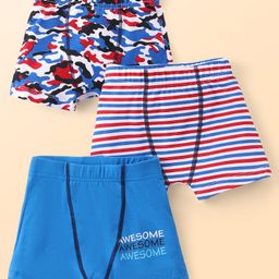 Bodycare Cotton Knit Trunks With Stripes & Camouflage Print Pack of 3 - Blue White & Red-image-82