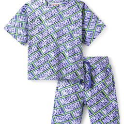 Pine Kids MarvelSingle Jersey Knit Half Sleeves Co-OrdOversize Drop Shoulder And Shorts Night Suit With Avengers Print - Blue-image-91