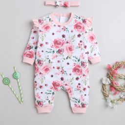 BUMZEE Cotton Knit Full Sleeves Floral Printed Romper With Headband - White-picture-44