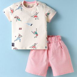 Mini Donuts Cotton Knit Half Sleeves T-Shirt & Shorts Set With Sport Theme Print - Peach & Pink-image-85