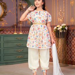 Aarika Georgette Half Sleeves Floral Printed Kurta Salwar With Dupatta Set - Orange & Cream-image-52