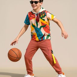 OLLINGTON ST. Cotton Half Sleeves Printed T-Shirt with Hood & Knit Joggers - Brown-image-71