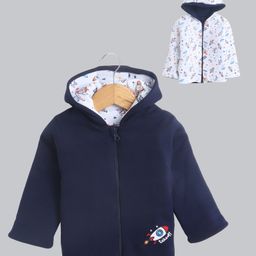 BUMZEE Cotton Knit Full Sleeves Space Theme Printed & Embroidered Hooded Reversible Jacket - Navy Blue & White-image-74