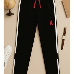 3PIN Cotton Knit Ribbed Waist Side Tape A Text Patch Detailed Track Pants - Black-picture-4