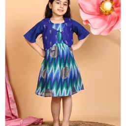 Kinder Kids Cotton Woven Mandala Foil Printed Dress With Three Fourth Sleeves Floral Embroidered Jacket - Blue-picture-10