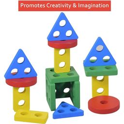 happy hues Wooden Geometric Sorting & Stacking Toy Muticolour - 16 Pieces image 4