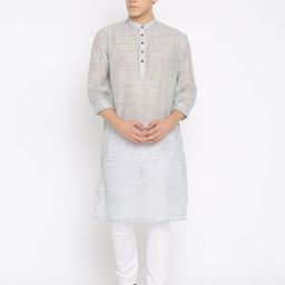 Freehand by The Indian Garage Co Men Grey White Self Design Kurta with Pyjamas-picture-1