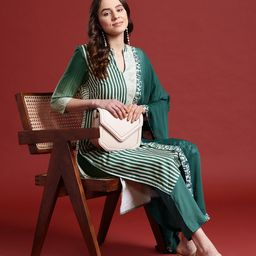Anouk Women Striped Regular Kurta with Trousers & Dupatta image 3