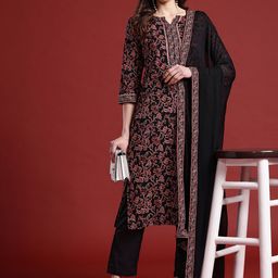 Anouk Floral Print Pure Cotton Kurta with Trousers & Dupatta-image-1