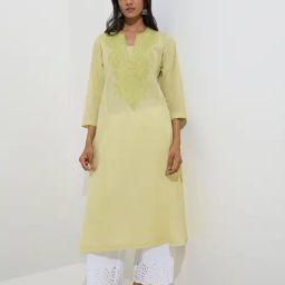 Utsa by Westside Lime Floral Embroidered Cotton A-Line Kurta-image-77