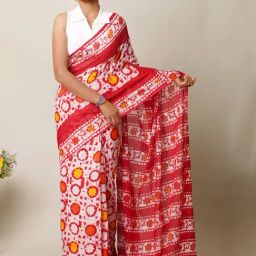 Unnati Silks Red Cotton Printed Saree With Unstitched Blouse-image-49