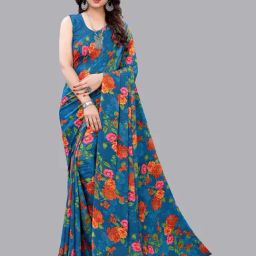 Satrani Dark Blue Floral Saree With Unstitched Blouse Piece-image-92