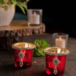 Homesake 'Easter' Red & Golden Glass Candle Holder With Jewel Ring - Set of 2-image-21