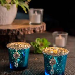 Homesake 'Halloween' Turquiose & Golden Glass Candle Holder With Jewel Ring - Set of 2-image-88