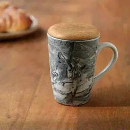 Ellementry Coral Black Ceramic Tall Coffee Mug With Wooden Lid (0.35 L) - Set of 1-40