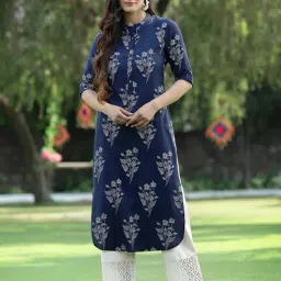 Juniper Indigo Bandhani Printed Rayon Slub Straight Kurta With Buttons-image-5