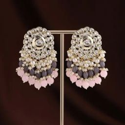 Priyaasi Ash and Pink Beaded Kundan Dangler Earrings-11