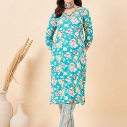 Anouk Turquoise Blue Floral Printed V-Neck Pure Cotton Kurta With Trouser-picture-33