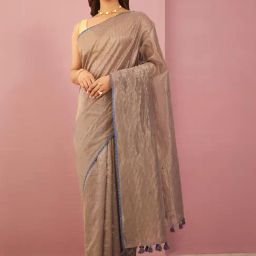 Taneira Grey Striped Saree With Unstitched Blouse-image-1