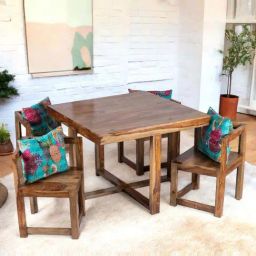 Ikiriya Kingston Beige & Blue Sheesham Wood Accent 4 Seater Dining Table Set in Teak Finish-1