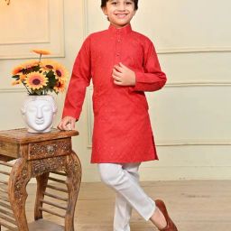 Ahhaaaa Kids Red & White Embellished Full Sleeves Kurta With Pyjamas-32
