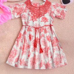 Bella Moda Girls Red Cotton Half Sleeves Floral Printed Dress-image-62