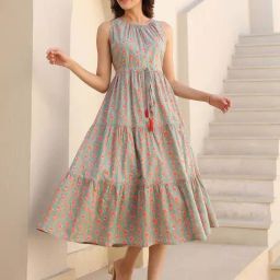 Janasya Grey Print Janasya Women's Mint Green Pure Cotton Floral Block Print Tiered Western Dress-image-63