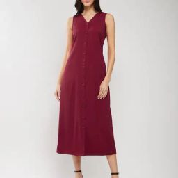 Fablestreet Maroon Solid Midi Dress-image-85