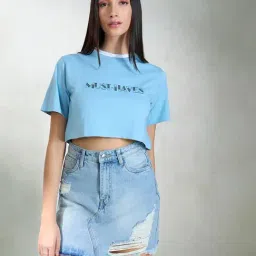 VIRGIO Blue Cotton Print Short Sleeves Crop Top-picture-28