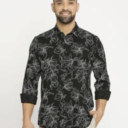 Basics Black Cotton Slim Fit Printed Shirt-image-84