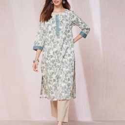 Fabindia Green Cotton Printed Straight Kurta-image-97