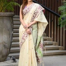 BEATITUDE Beige Cotton Jamdani Saree-picture-34