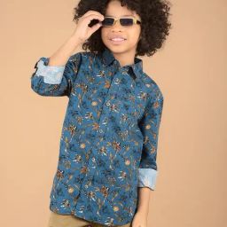 Crimsoune Club Boys Blue Cotton Floral Shirt-image-53