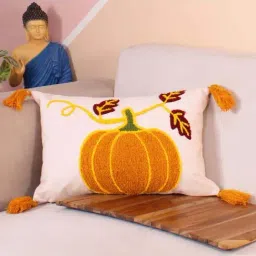 STITCHNEST Orange Polycotton Hand Crafted Embroidered Bohemian Pumpkin Cushion Cover-image-90
